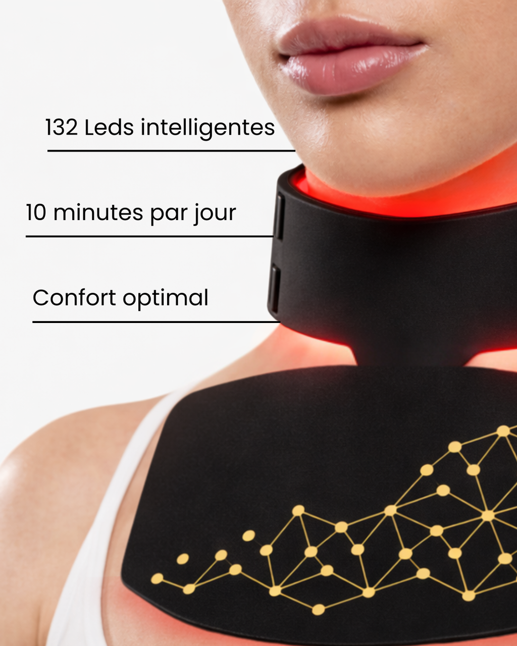 photo produit masque cou et decollete femme led rouge soin peau phototherapie luminotherapie