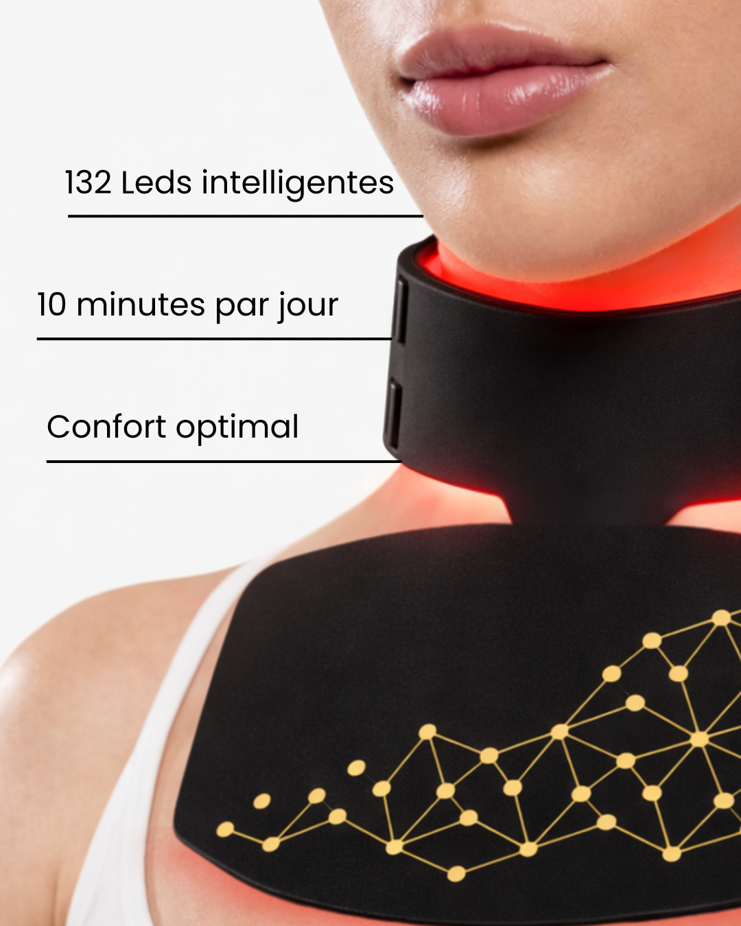 photo produit masque cou et decollete femme led rouge soin peau phototherapie luminotherapie