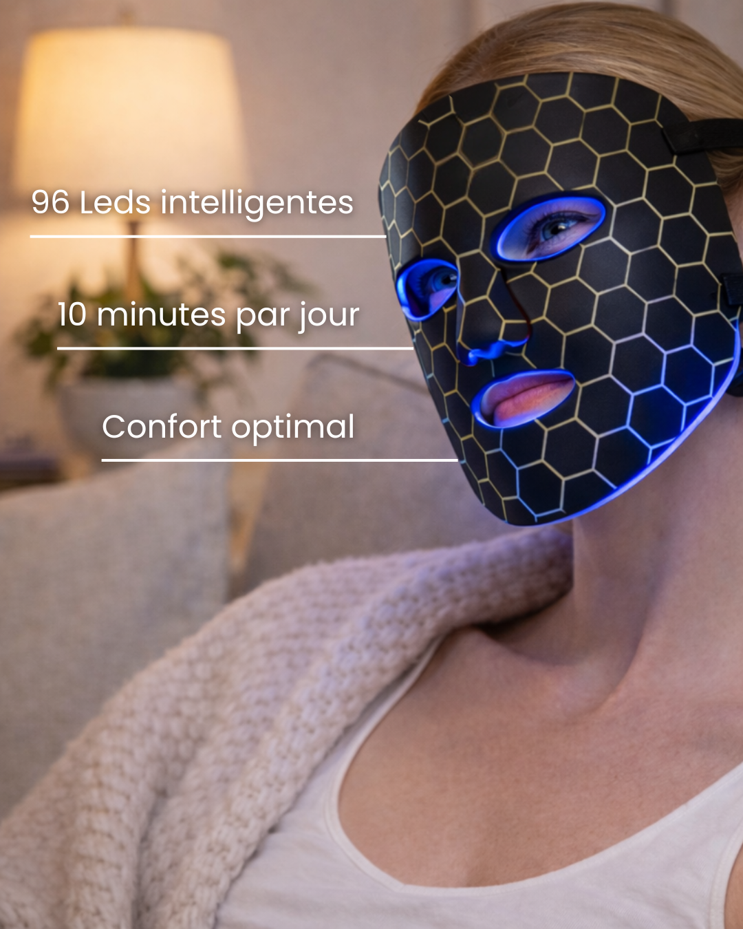 photo produit masque led bleu visage avec texte soin peau visage femme phototherapie luminotherapie
