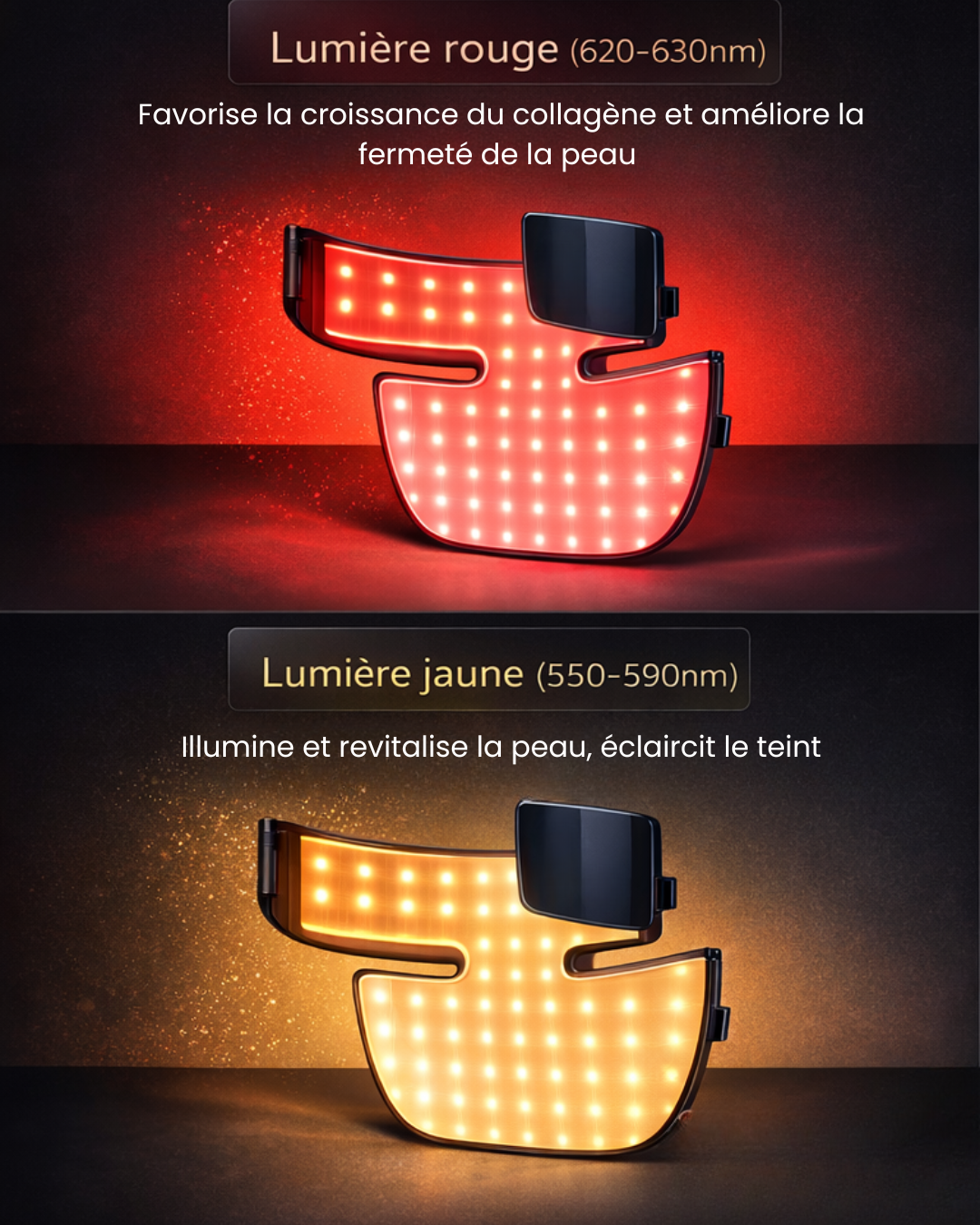 photo produit masque led cou et decollete phototherapie 4 couleurs led bleu rouge soin peau femme 